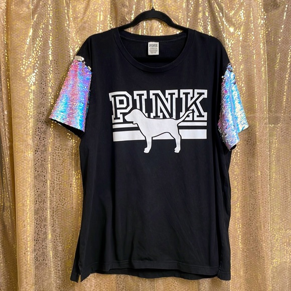 PINK Victoria's Secret Tops - PINK Victoria’s Secret black mermaid flip iridescent sequin sleeve t-shirt, XL